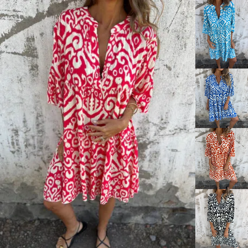 Astrid - Robe à Col V et Manches Trois-Quarts Imprimées