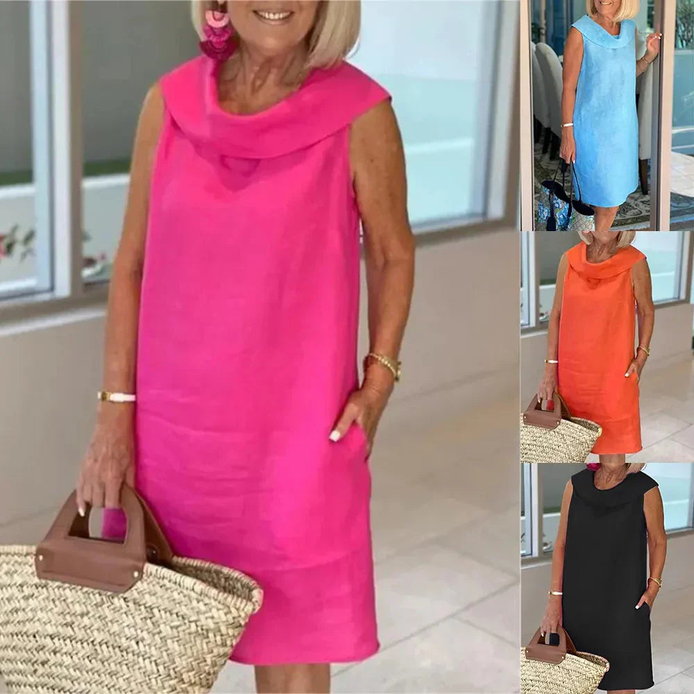 Stella - Élégante robe à col montant en coton et lin