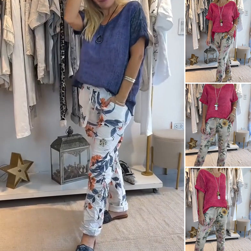 Evangeline - Ensemble 2 Pièces Femme – Blouse Unie et Pantalon Décontracté à Imprimé Floral