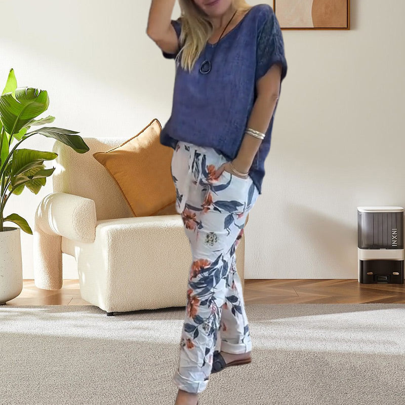 Evangeline - Ensemble 2 Pièces Femme – Blouse Unie et Pantalon Décontracté à Imprimé Floral