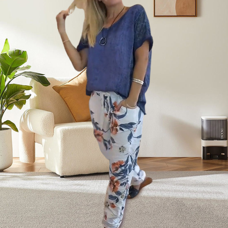 Evangeline - Ensemble 2 Pièces Femme – Blouse Unie et Pantalon Décontracté à Imprimé Floral