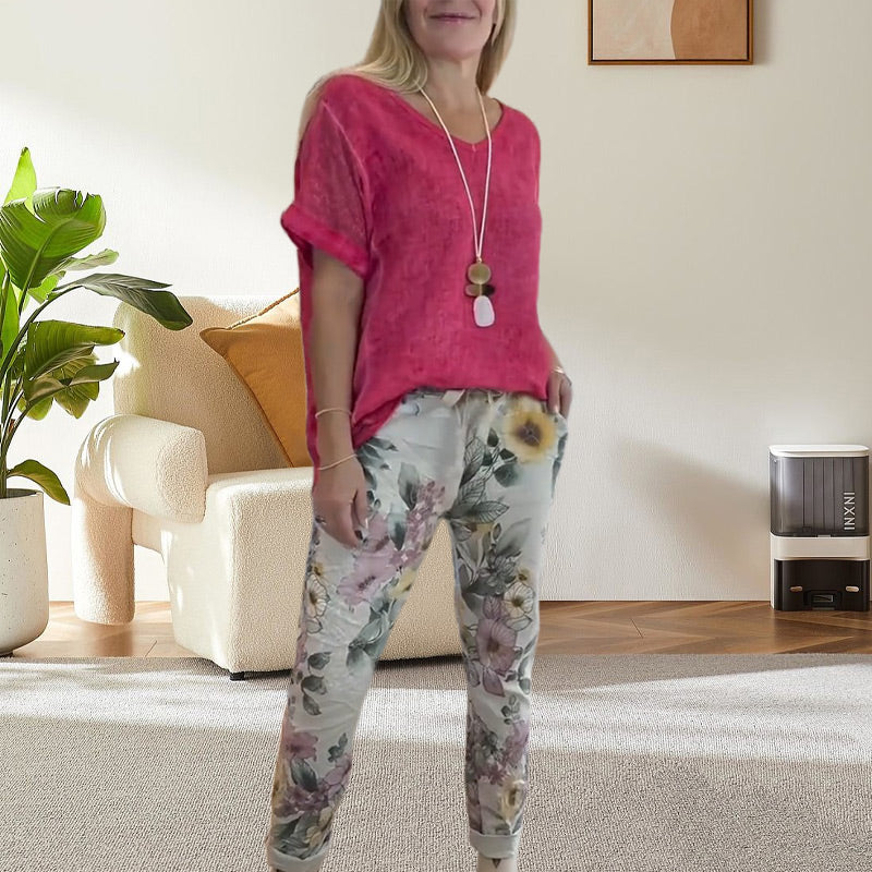 Evangeline - Ensemble 2 Pièces Femme – Blouse Unie et Pantalon Décontracté à Imprimé Floral