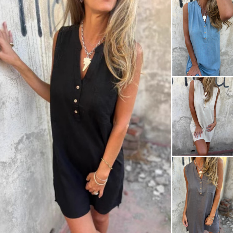 Noelia - Robe Sans Manches à Boutons et Décolleté en V pour Femme