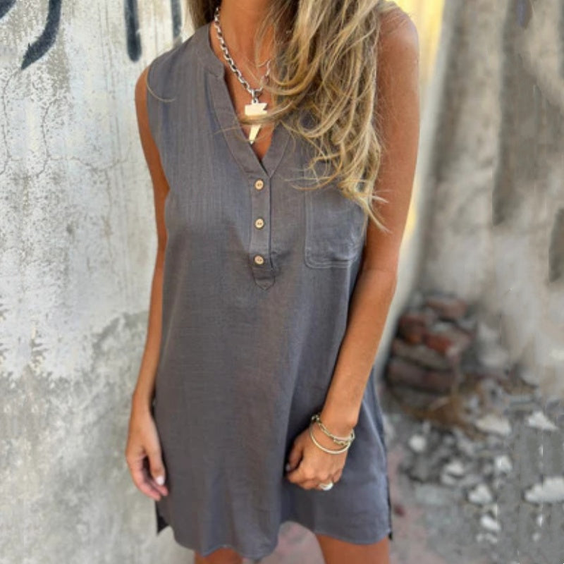 Noelia - Robe Sans Manches à Boutons et Décolleté en V pour Femme