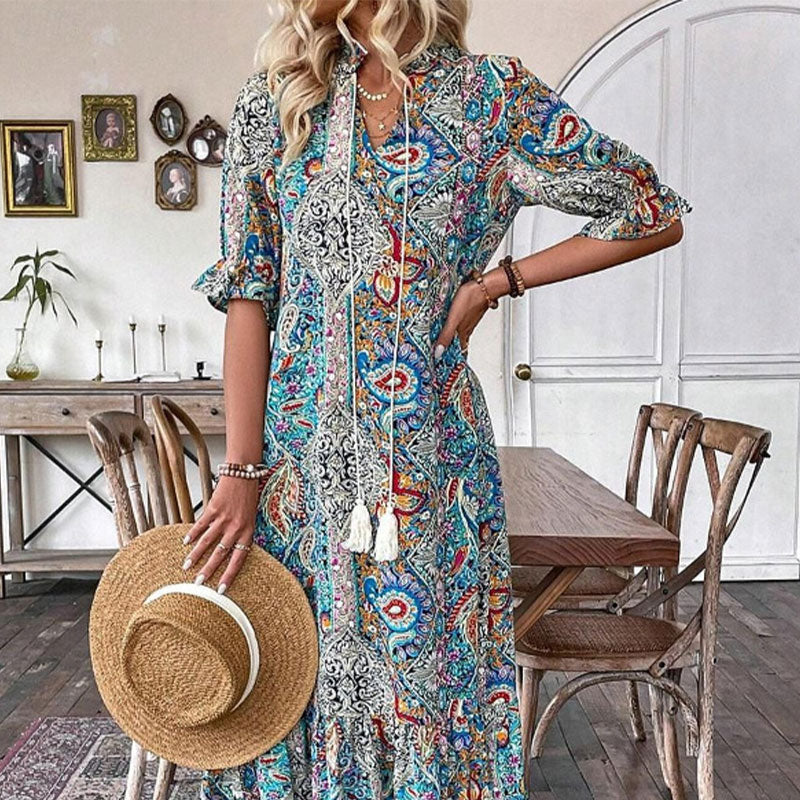 Esther - Robe bohème femme imprimée florale à col V élégant
