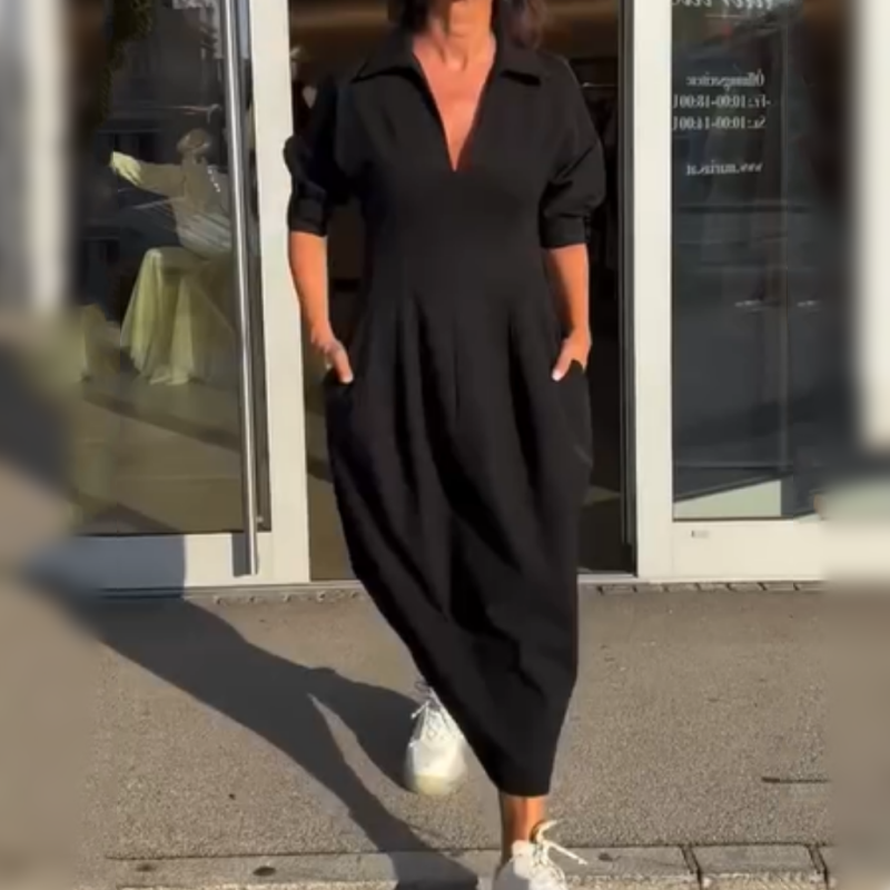 Stéphanie - Robe Midi Élégante à Revers et Col V