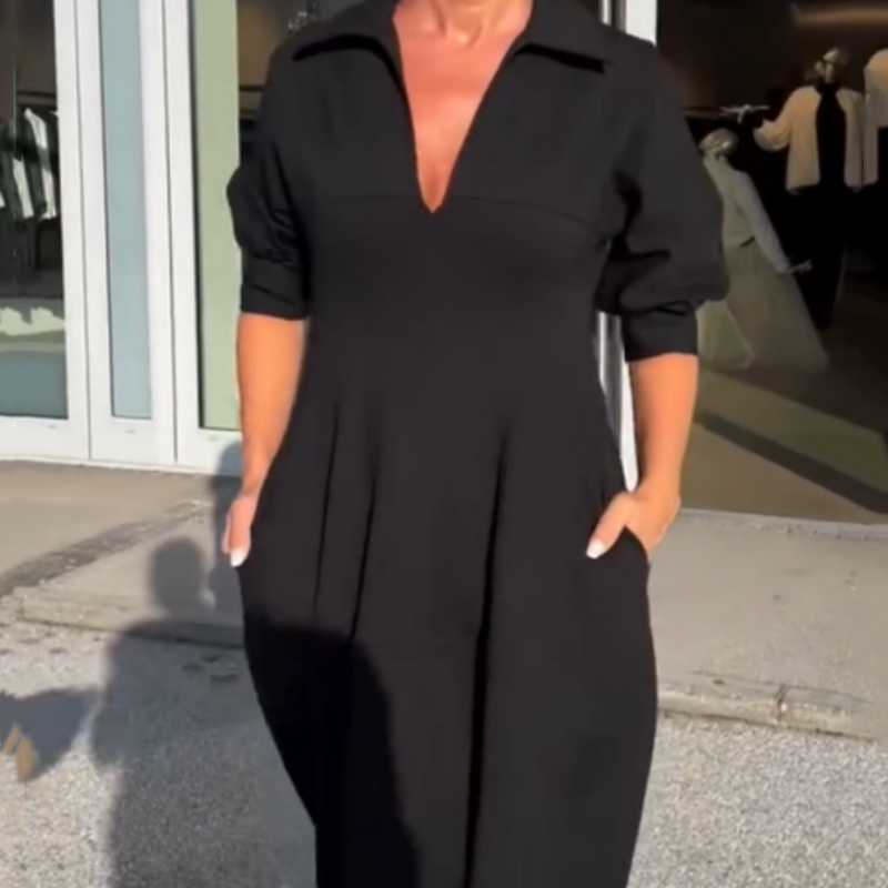 Stéphanie - Robe Midi Élégante à Revers et Col V