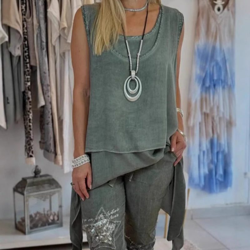 Oriane - Ensemble Femme Deux Pièces : Top Sans Manches et Pantalon Imprimé