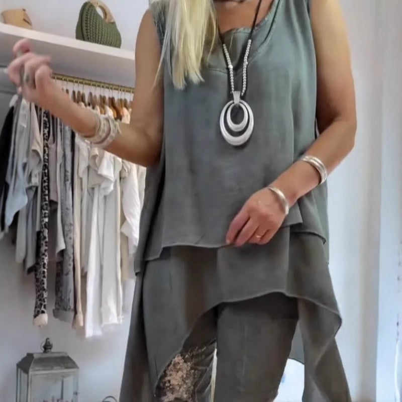 Oriane - Ensemble Femme Deux Pièces : Top Sans Manches et Pantalon Imprimé