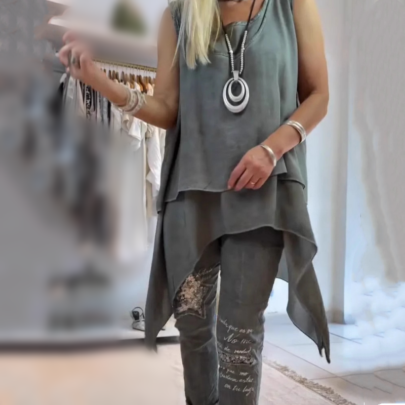Oriane - Ensemble Femme Deux Pièces : Top Sans Manches et Pantalon Imprimé