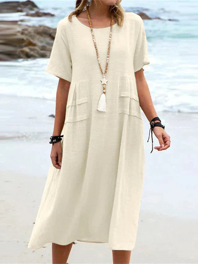 Oriana - Robe Midi en Coton et Lin à Col Rond