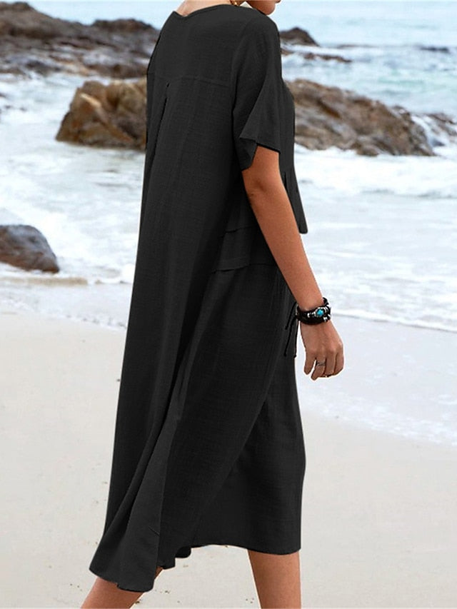 Oriana - Robe Midi en Coton et Lin à Col Rond