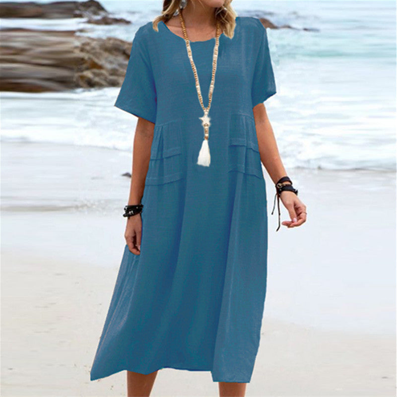 Oriana - Robe Midi en Coton et Lin à Col Rond