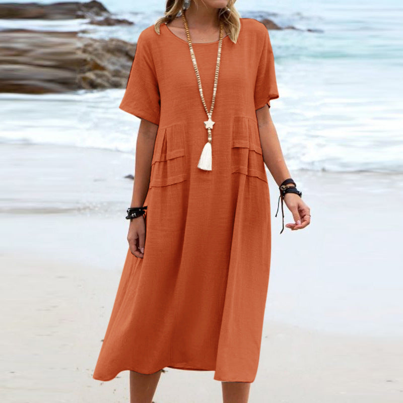 Oriana - Robe Midi en Coton et Lin à Col Rond