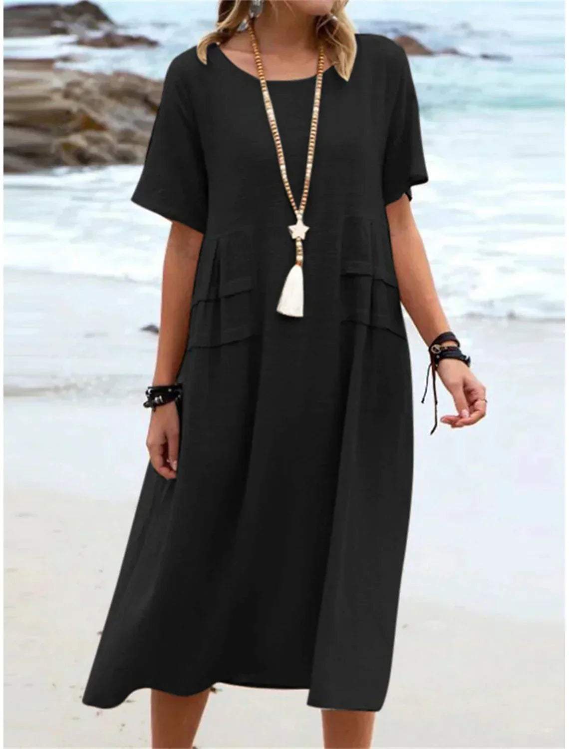 Oriana - Robe Midi en Coton et Lin à Col Rond