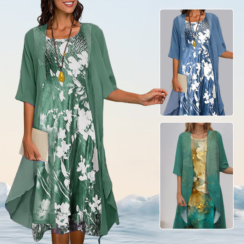 Eleny - Ensemble élégant de robe en chiffon floral en deux parties