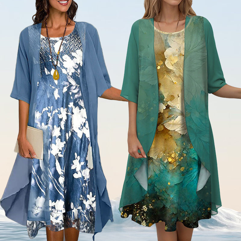 Eleny - Ensemble élégant de robe en chiffon floral en deux parties
