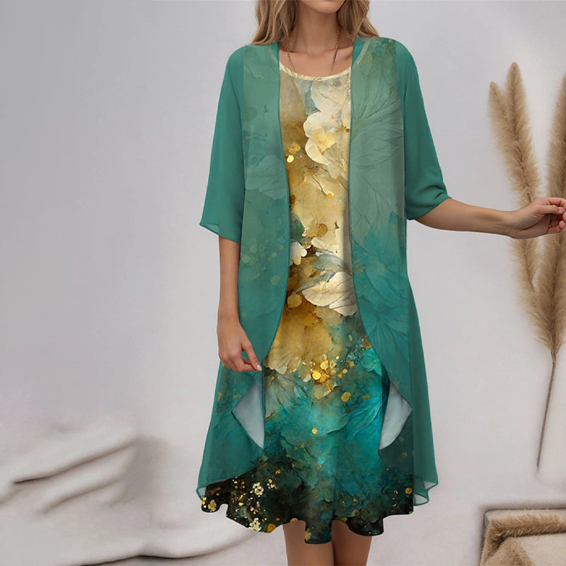 Eleny - Ensemble élégant de robe en chiffon floral en deux parties