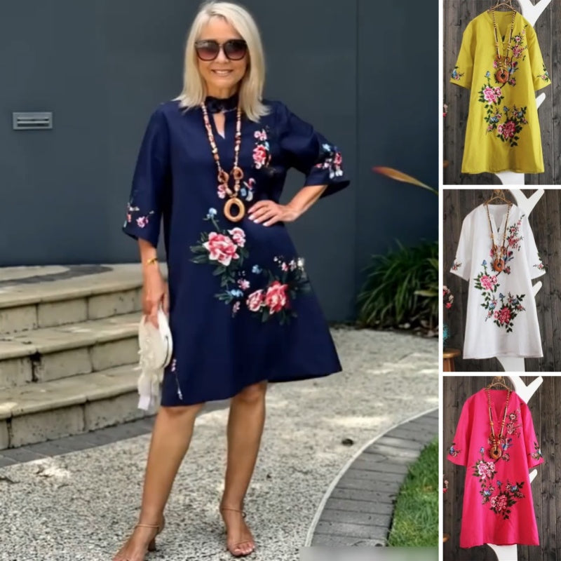 Yolanda - Robe Ample Fleurie en Coton et Lin avec Col V