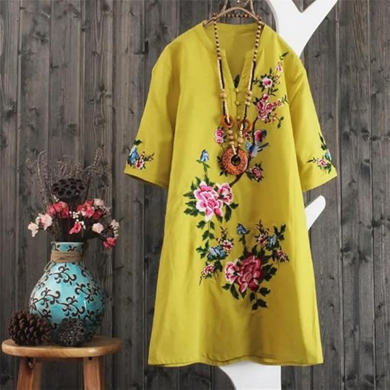 Yolanda - Robe Ample Fleurie en Coton et Lin avec Col V