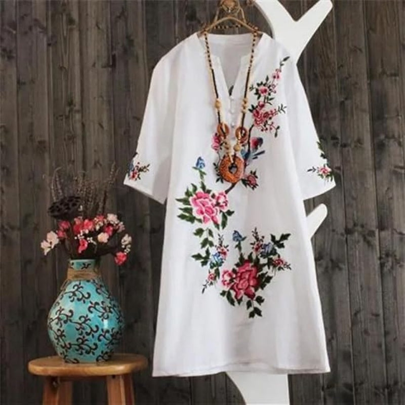 Yolanda - Robe Ample Fleurie en Coton et Lin avec Col V