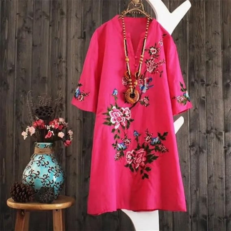 Yolanda - Robe Ample Fleurie en Coton et Lin avec Col V