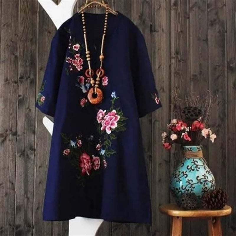 Yolanda - Robe Ample Fleurie en Coton et Lin avec Col V