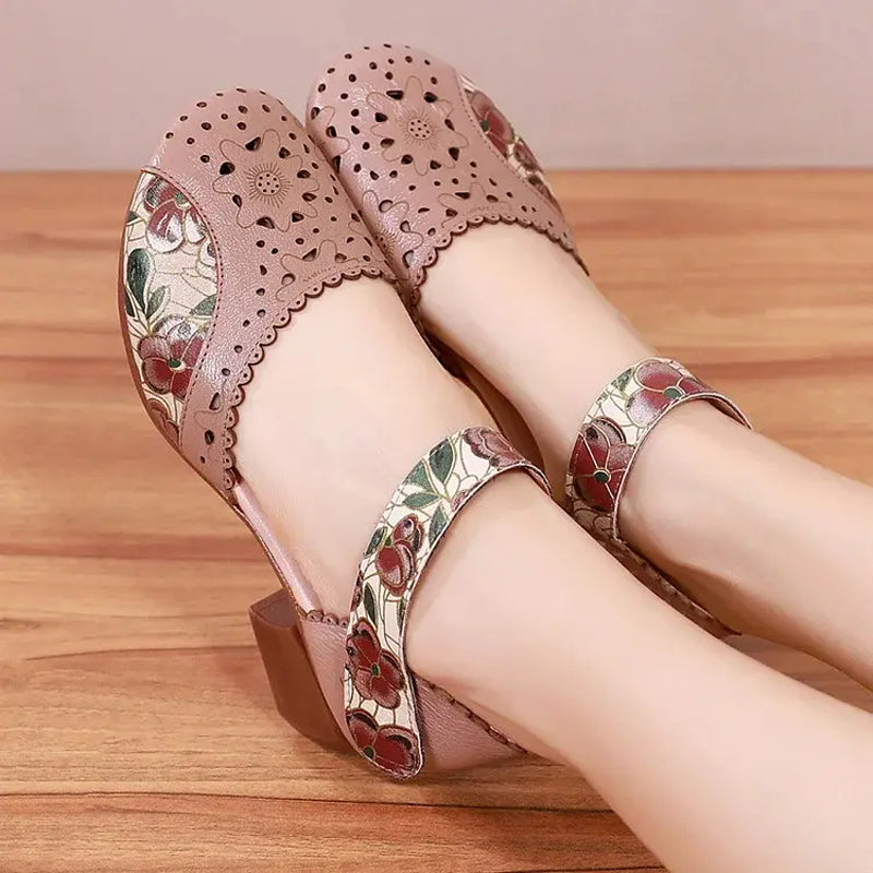 Sylvexa - Chaussures femme talon bloc cuir ajouré bride velcro floral