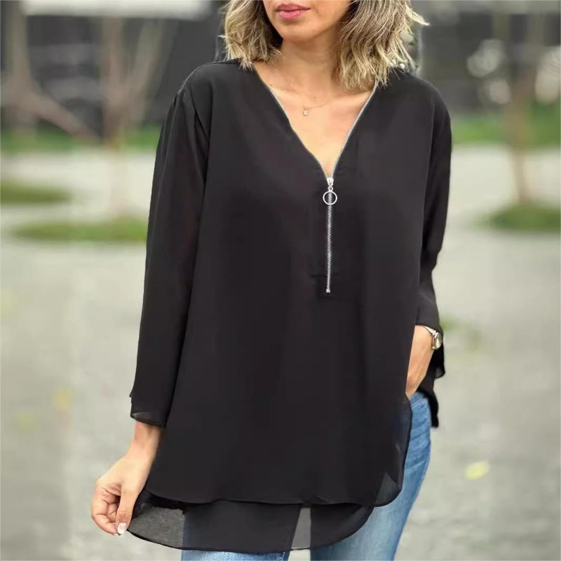 Quorina - Blouse Femme en Chiffon Col V Zippé Manches 3/4 Fluide Élégante