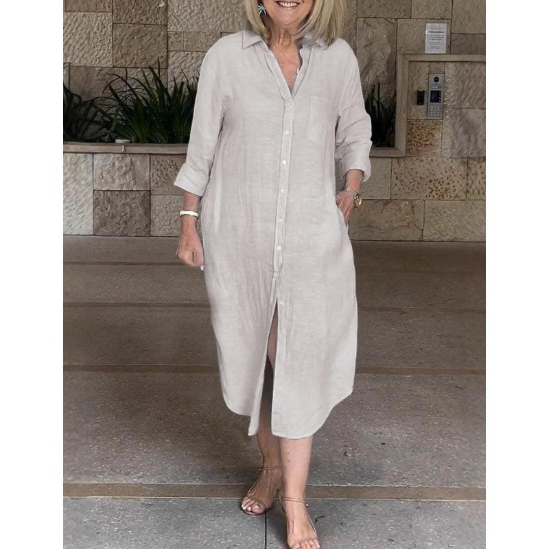 Talya - Robe Chemise Longue Élégante en Coton Lin