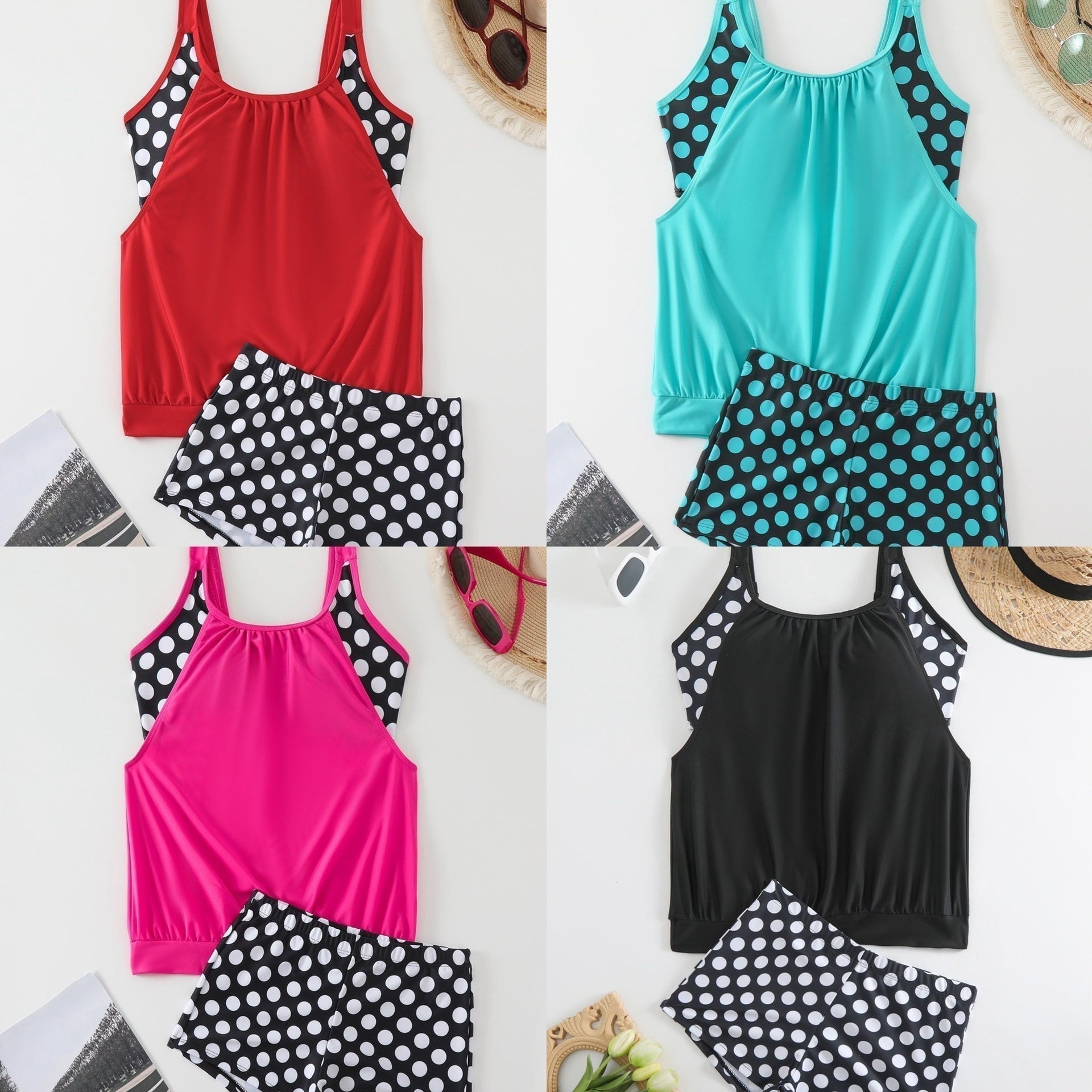 Hesoria - Maillot de bain femme deux pièces pois taille haute été plage