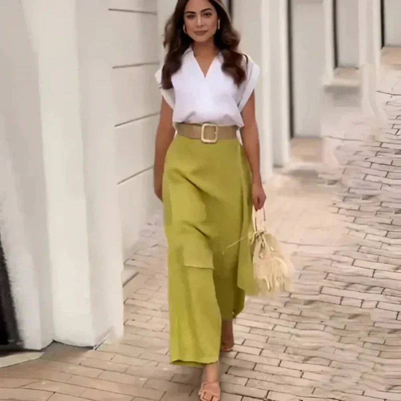 Myla - Ensemble Élégant Femme : Top à V-has et Pantalon à Pattes d'éléphant