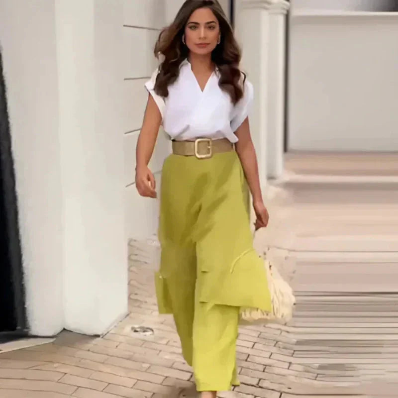 Myla - Ensemble Élégant Femme : Top à V-has et Pantalon à Pattes d'éléphant