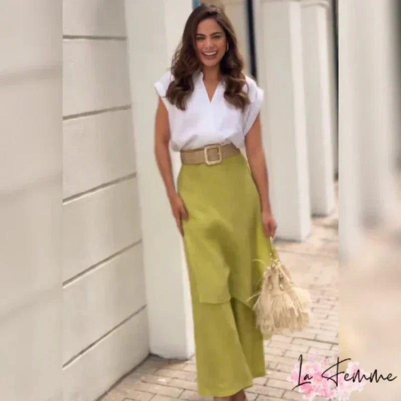 Myla - Ensemble Élégant Femme : Top à V-has et Pantalon à Pattes d'éléphant