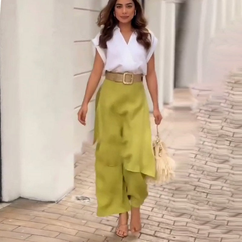 Myla - Ensemble Élégant Femme : Top à V-has et Pantalon à Pattes d'éléphant