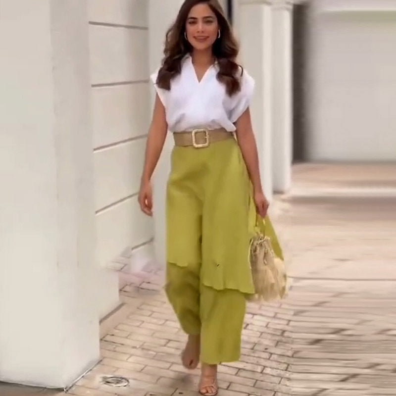 Myla - Ensemble Élégant Femme : Top à V-has et Pantalon à Pattes d'éléphant