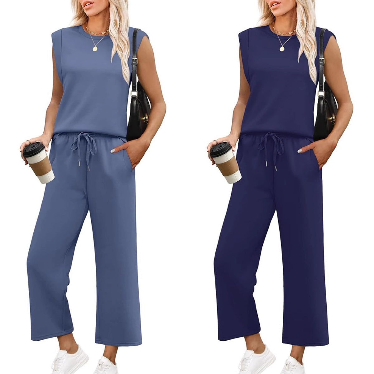 Isa - Haut sans Manches Décontracté pour Femme avec Pantalon à Jambes Larges
