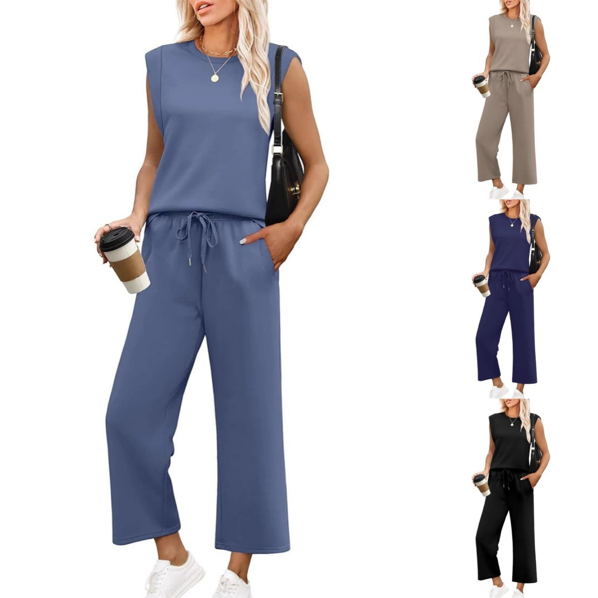 Isa - Haut sans Manches Décontracté pour Femme avec Pantalon à Jambes Larges