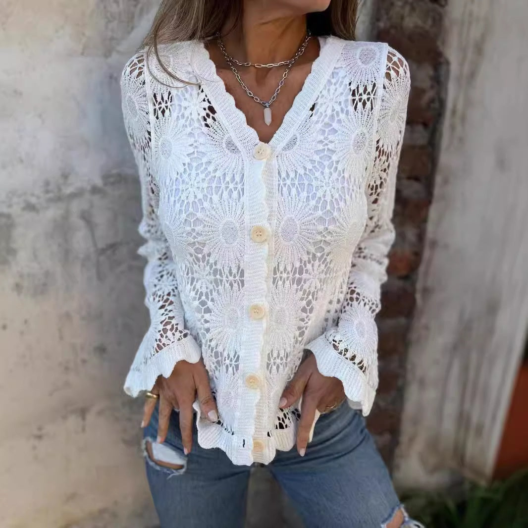 Zinnia - Haut en Dentelle à Col en V et Manches Longues pour Femme