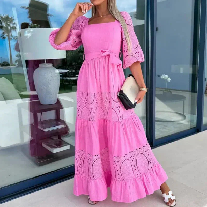 Therenia - Robe Patchwork Longue avec Ceinture et Décolleté Carré