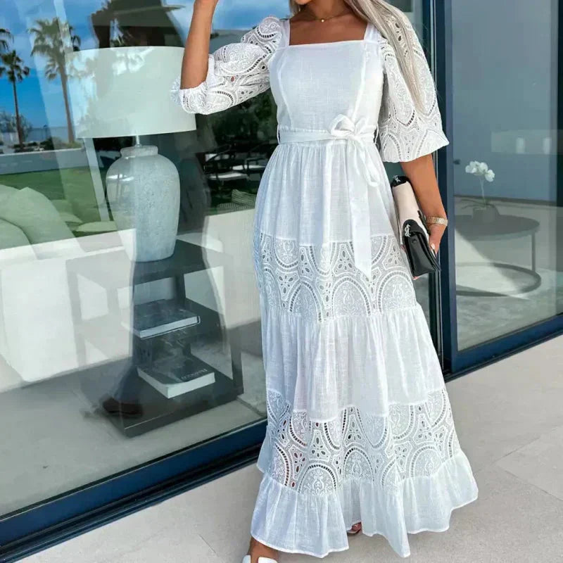 Therenia - Robe Patchwork Longue avec Ceinture et Décolleté Carré