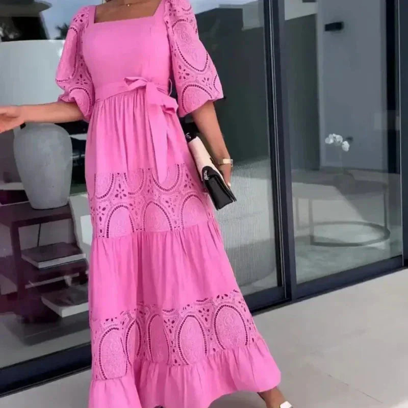 Therenia - Robe Patchwork Longue avec Ceinture et Décolleté Carré