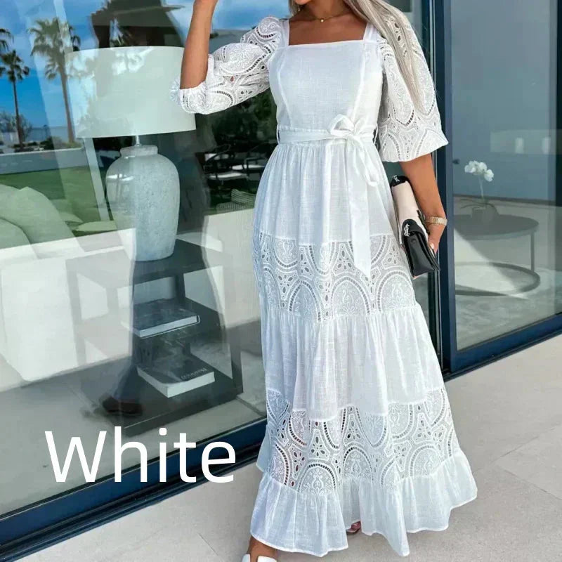 Therenia - Robe Patchwork Longue avec Ceinture et Décolleté Carré