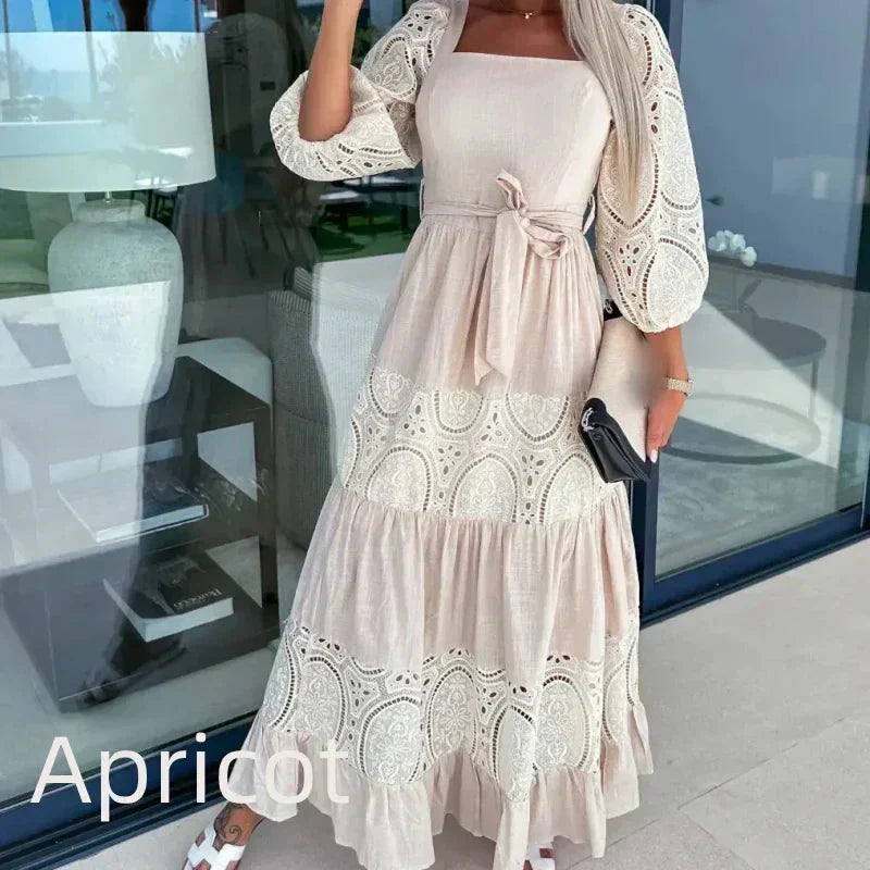 Therenia - Robe Patchwork Longue avec Ceinture et Décolleté Carré