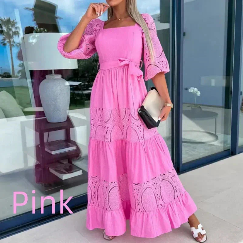 Therenia - Robe Patchwork Longue avec Ceinture et Décolleté Carré
