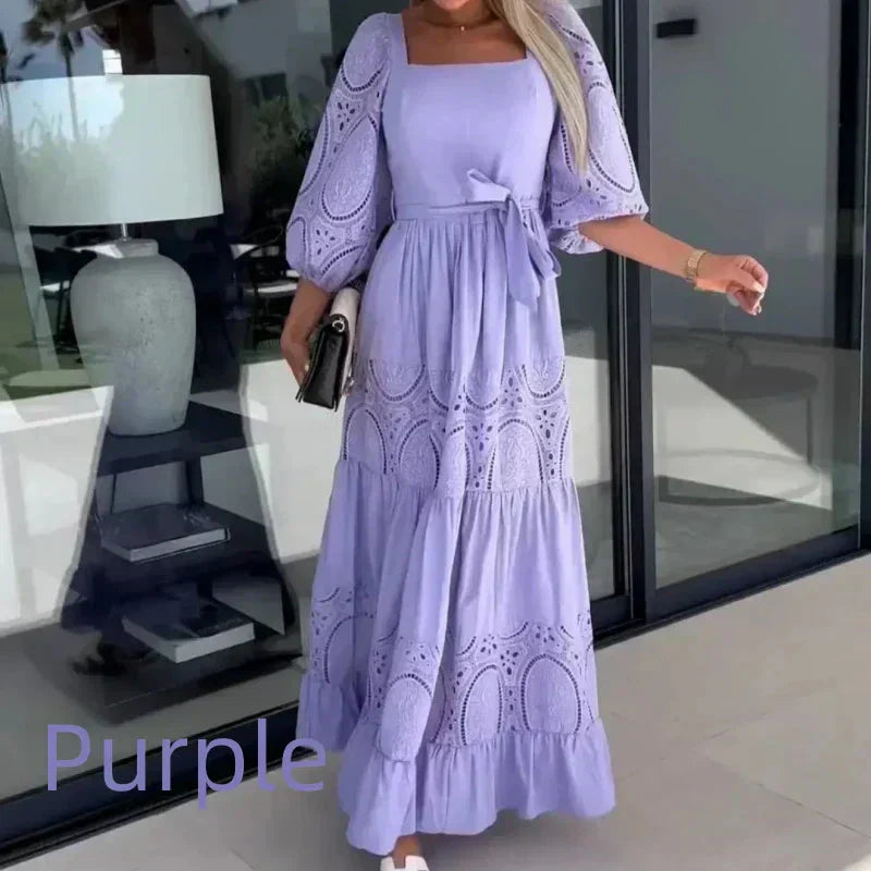 Therenia - Robe Patchwork Longue avec Ceinture et Décolleté Carré