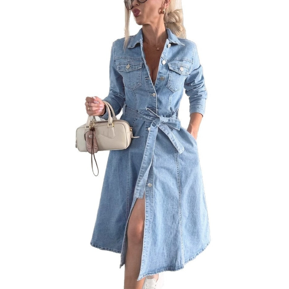 Avenyx - Robe Femme Denim Ajustée Ceinturée Style Moderne Polyvalent