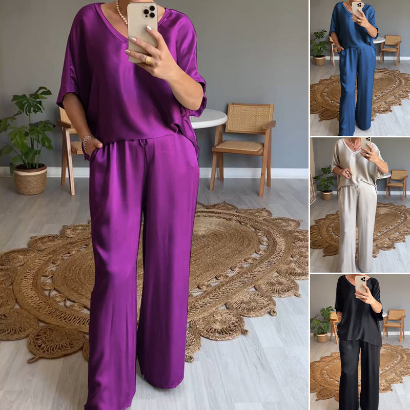 Kavryne - Ensemble femme coupe ample taille élastique style satiné élégant