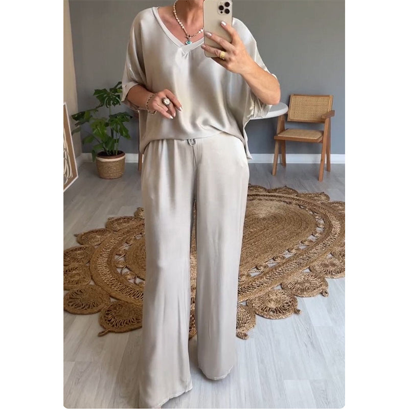 Kavryne - Ensemble femme coupe ample taille élastique style satiné élégant