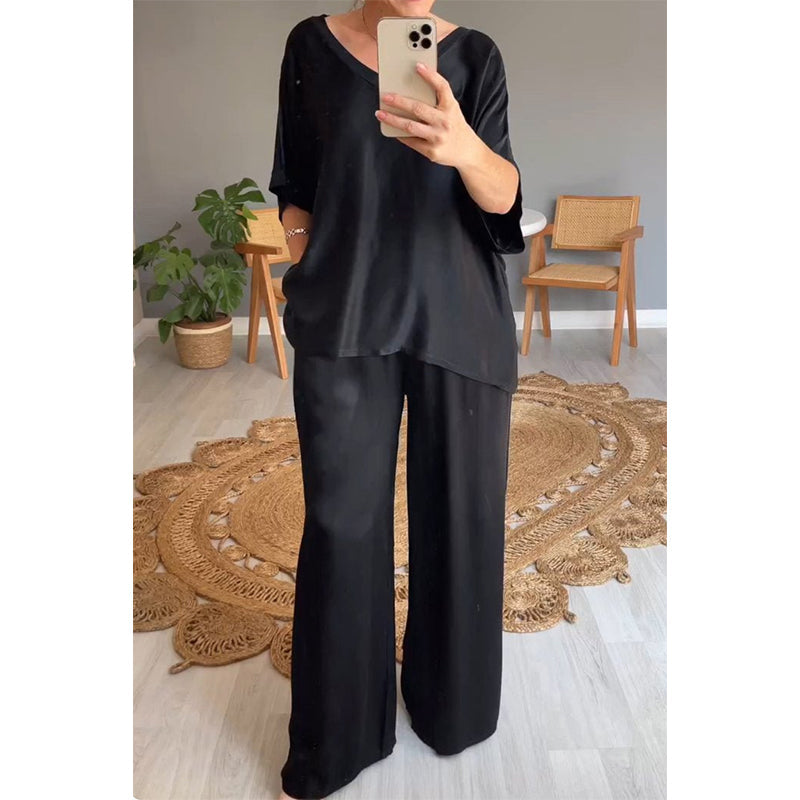 Kavryne - Ensemble femme coupe ample taille élastique style satiné élégant